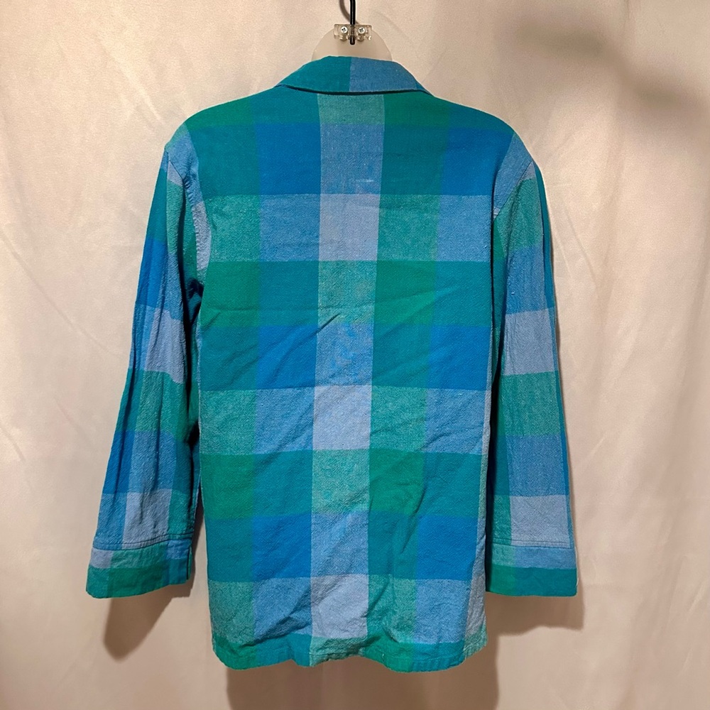 Blue & Teal Linen Blend Blouse Plaid Button-Up Shirt Size M - Picture 4 of 5